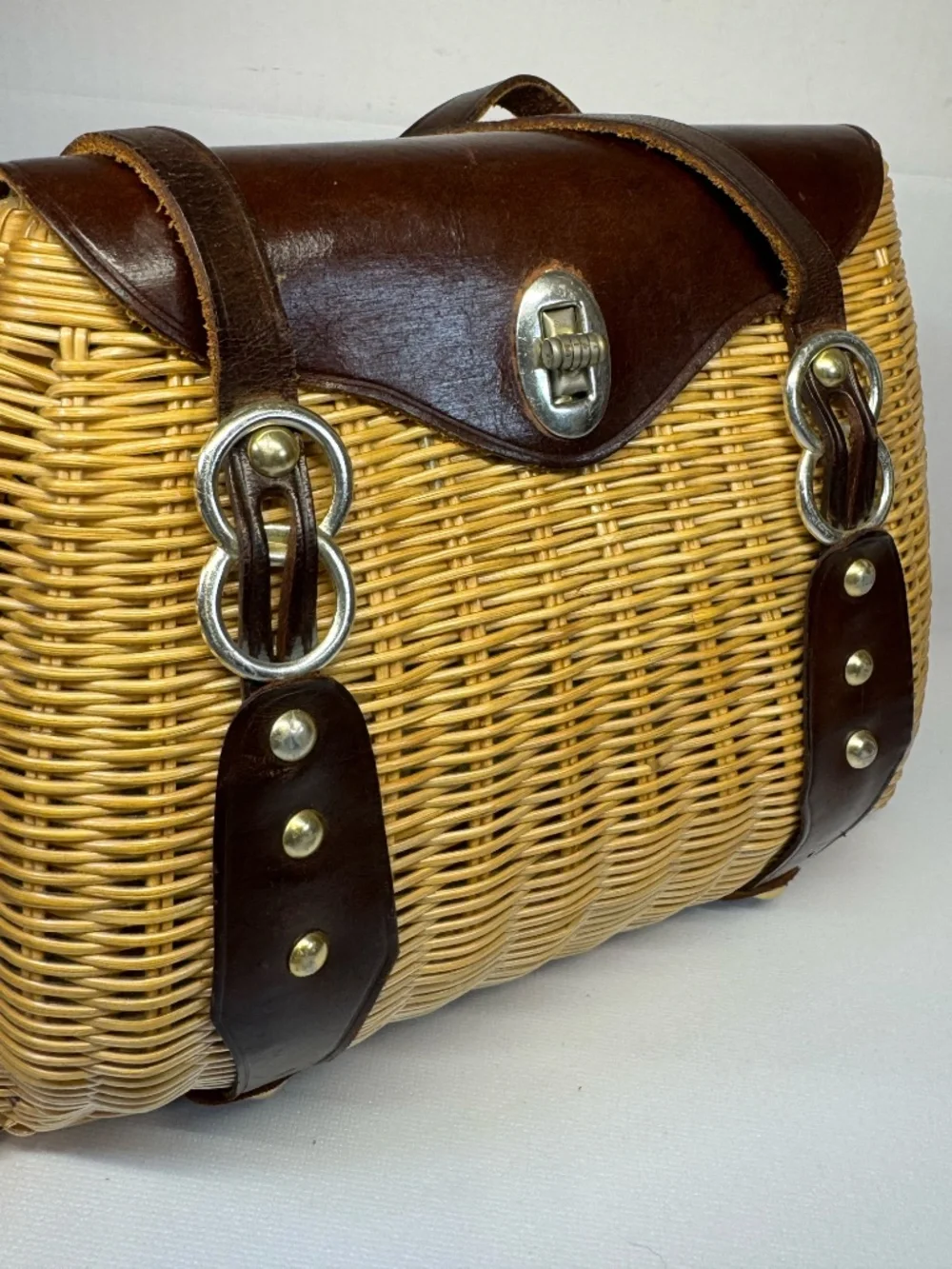 Vintage Mr. Jonas Wicker Basket Handbag Brown Leather Trim Top Handle Purse